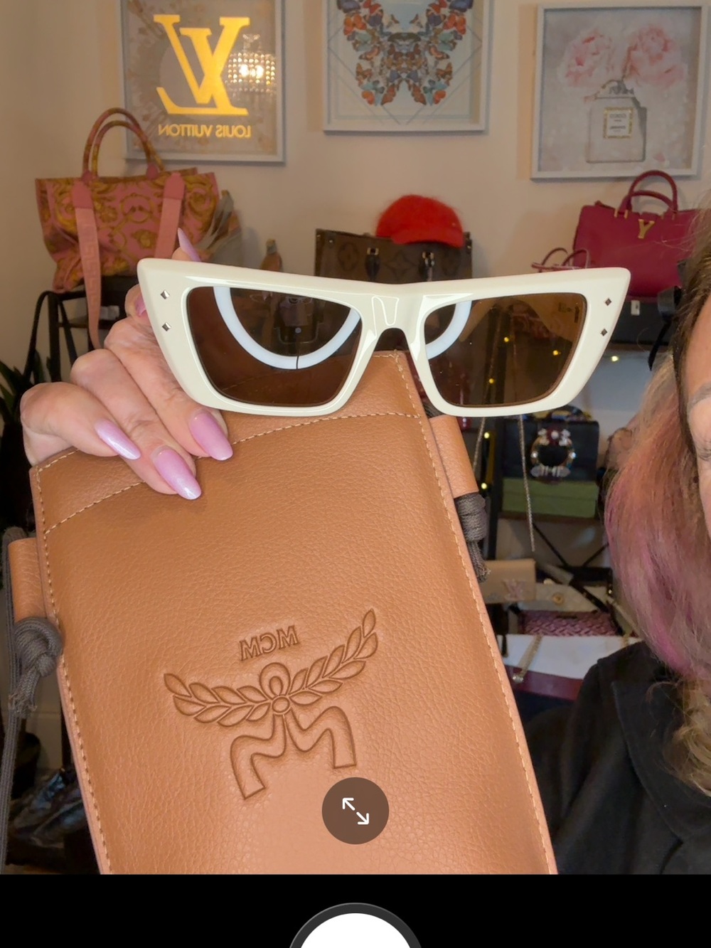 MCM White Cat-Eye Sunglasses with Tan Leather Case